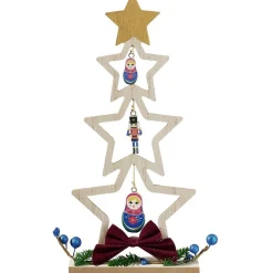 Sapin à poser en bois décor étoile, casse noisette et matriochka H26 cm