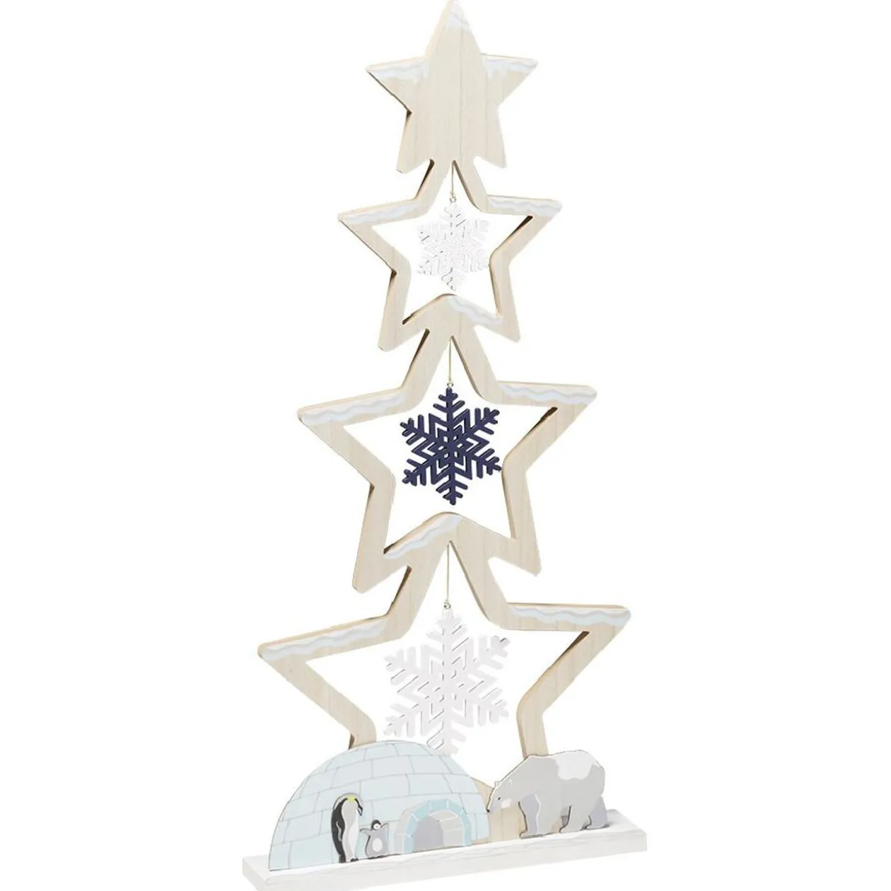 Sapin bois à poser décor flocons banquise bleu et blanc H75cm