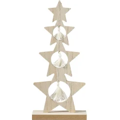 Sapin bois à poser étoiles avec suspensions pompons blancs H26cm