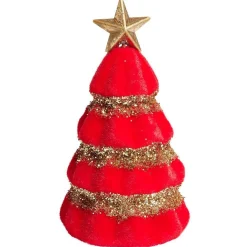 Sapin velours rouge et pailleté doré à poser Ø10,5xH19cm