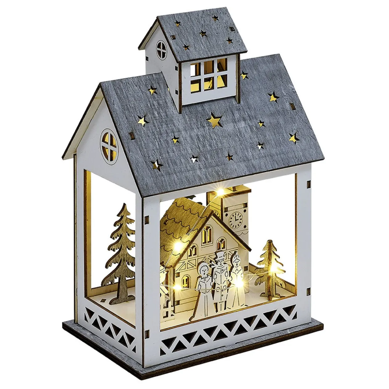Scène lumineuse maison de Noël en bois 8LED blanc chaud 16,5x12xH24,5cm