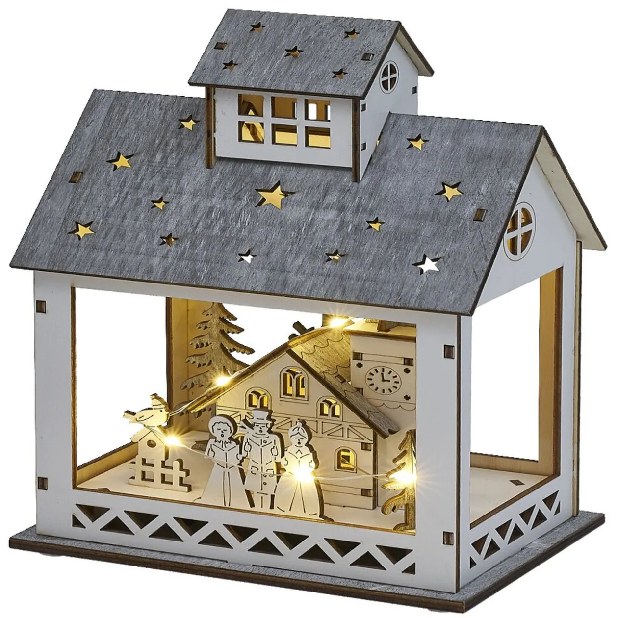 Scène lumineuse maison de Noël en bois 8LED blanc chaud 16,5x12xH24,5cm