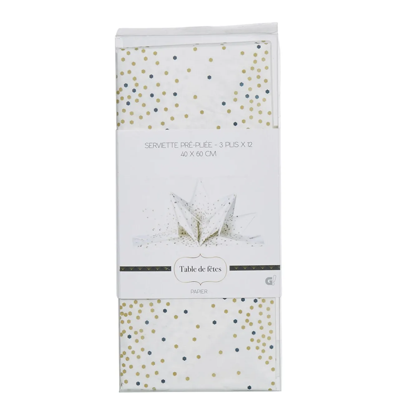 Serviette blanche Noël pois doré préplié x 12