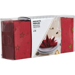 Serviette de table pré-pliée rouge étoiles dorées x12