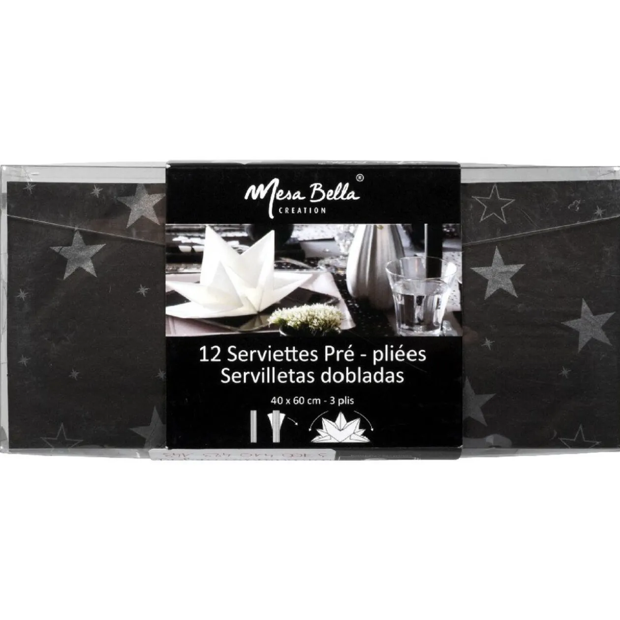 Serviette jetable pré pliée noire étoiles argentées x12