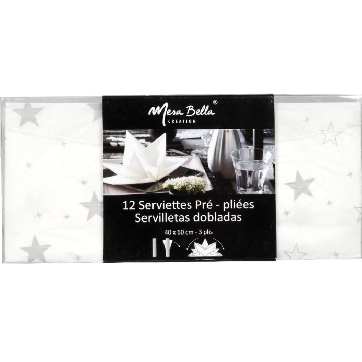 Serviette jetable pré pliée blanche étoiles argentées x12