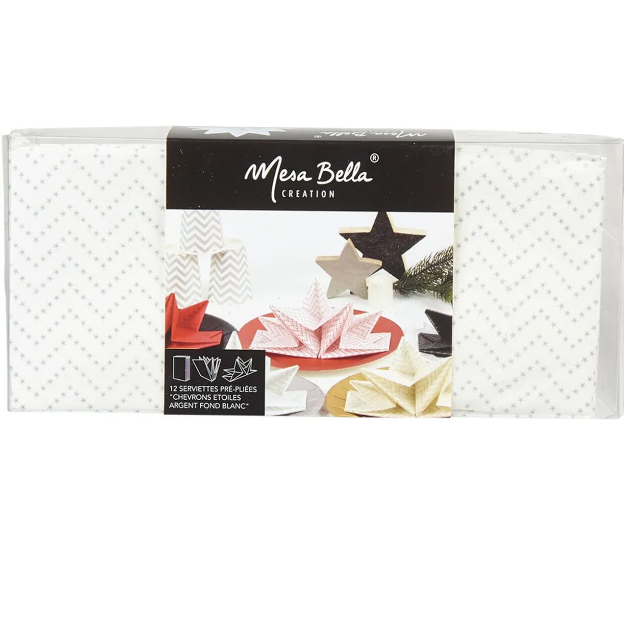 Serviette jetable pré pliée blanche chevrons argentés x12