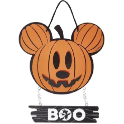Suspension bois Disney inscription BOO tête Mickey citrouille orange