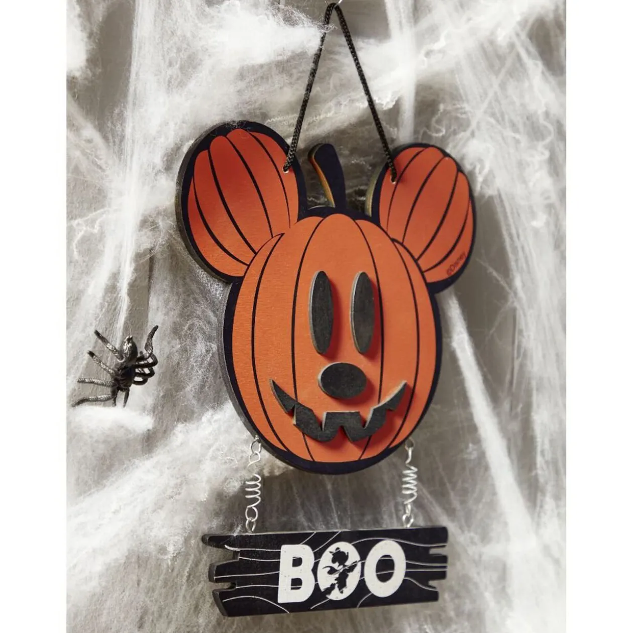 Suspension bois Disney inscription BOO tête Mickey citrouille orange