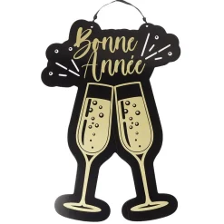 Suspension Bonne Année motif verre en bois noir et doré