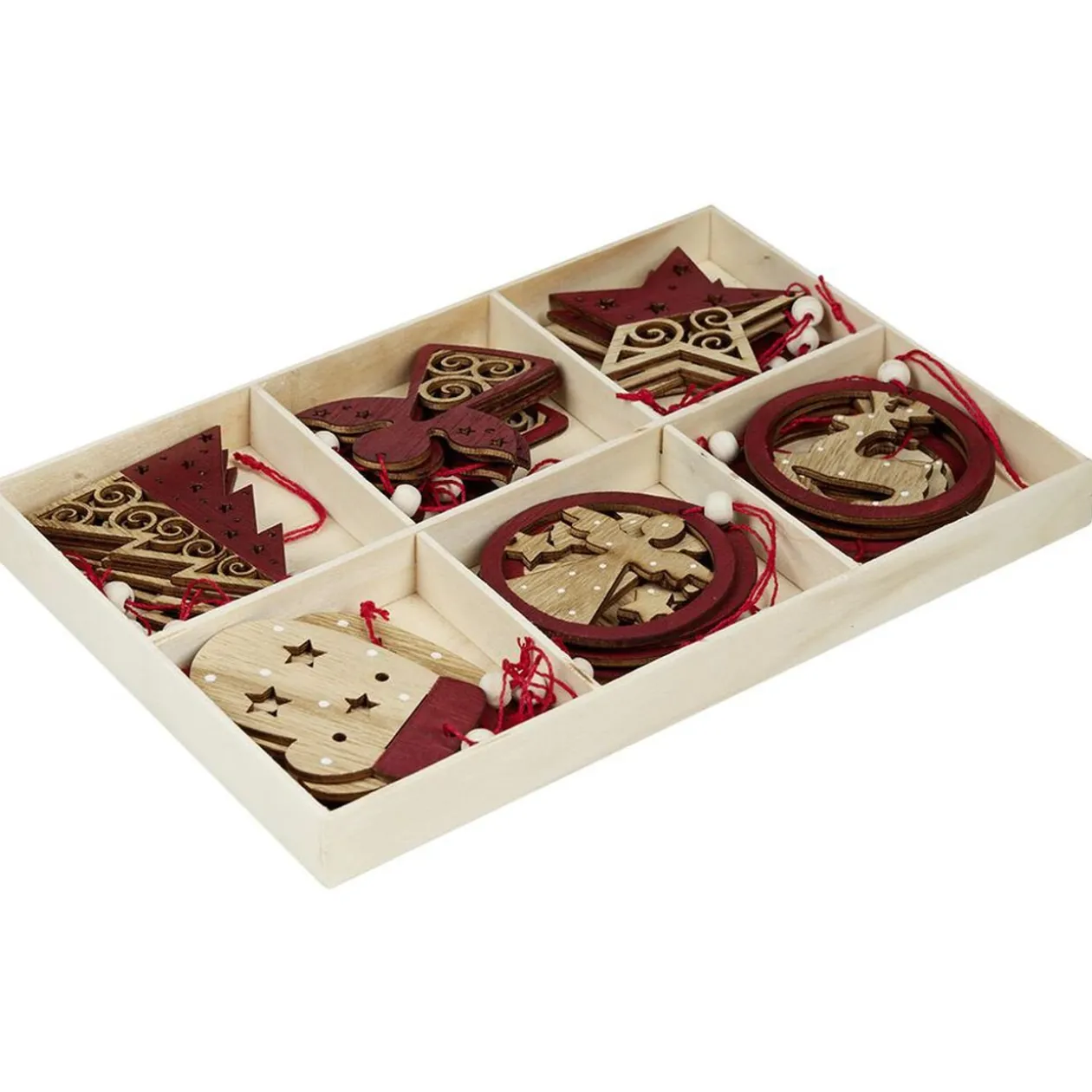 Suspension de Noël en bois naturel rouge ange étoile renne sapin x24