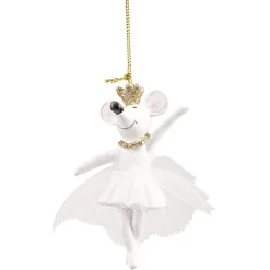 Suspension de Noël souris danseuse en tutu blanc et doré pailleté H10 cm