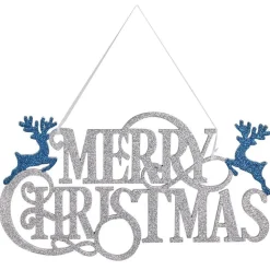 Suspension Merry Christmas en bois pailleté argenté et bleu 25xH14cm