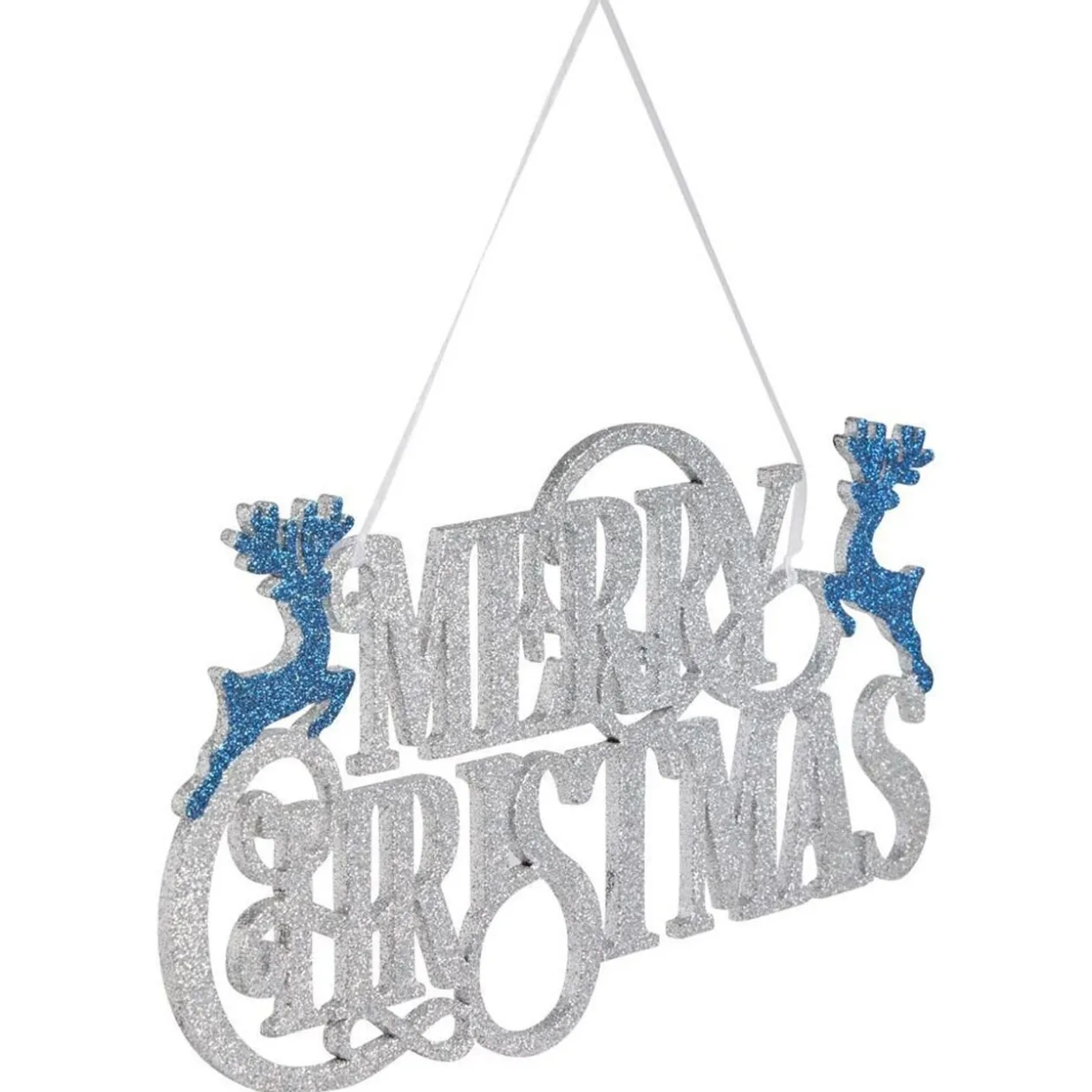 Suspension Merry Christmas en bois pailleté argenté et bleu 25xH14cm