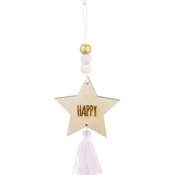 Suspension Étoile de Noël en bois avec pompon et perles H10,5cm