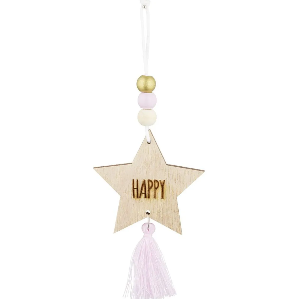 Suspension Étoile de Noël en bois avec pompon et perles H10,5cm