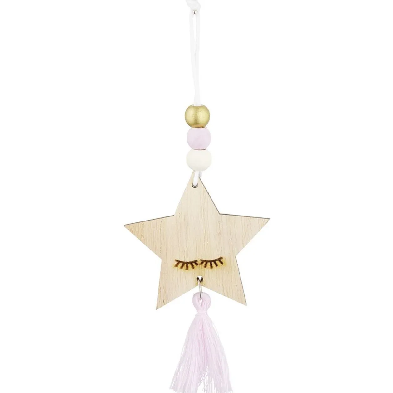 Suspension Étoile de Noël en bois avec pompon et perles H10,5cm