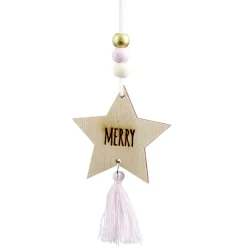 Suspension Étoile de Noël en bois avec pompon et perles H10,5cm