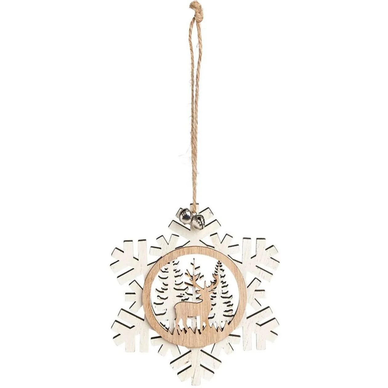 Suspension village de Noël dans flocon en bois H12cm - 2 modèles