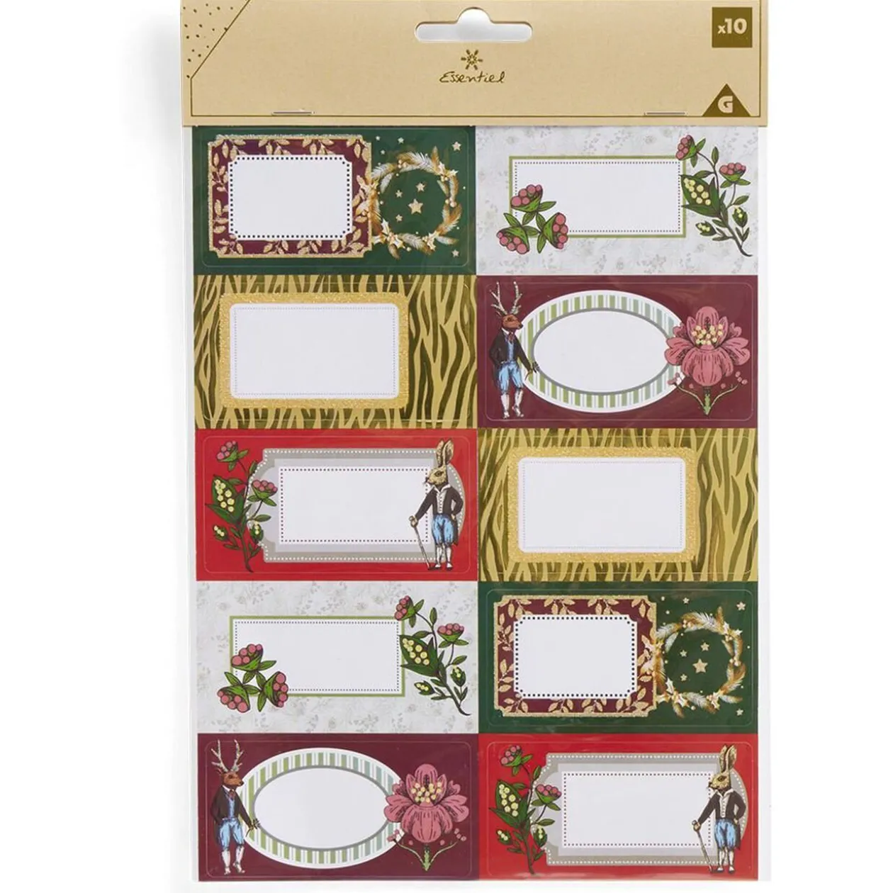 Étiquette cadeau autocollante Noël fleurs vintage lapin 4x8cm x10