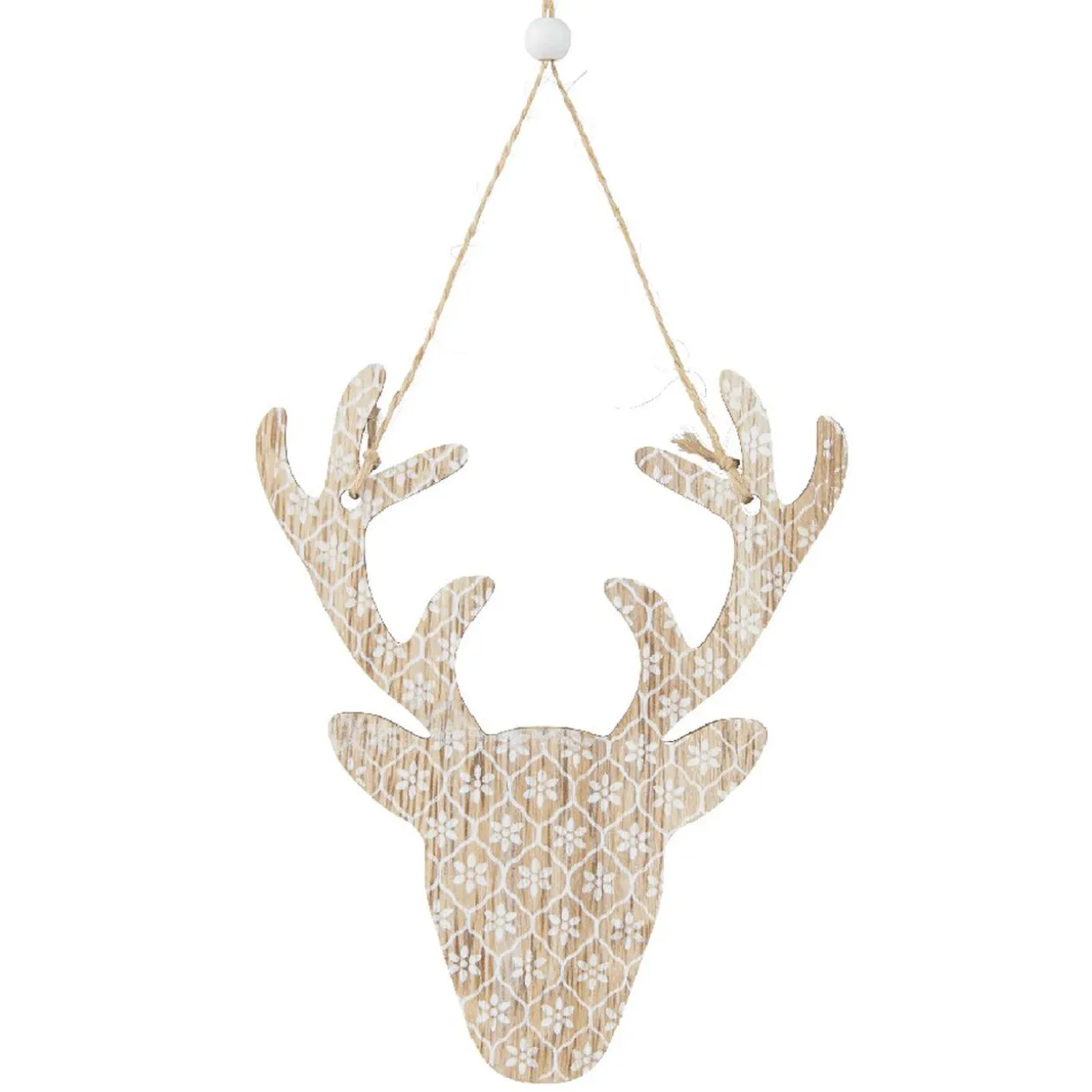 Tête de cerf en bois motif fleur blanc naturel