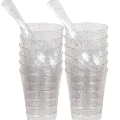 Verrine et cuillère pailletée argentée plastique x12