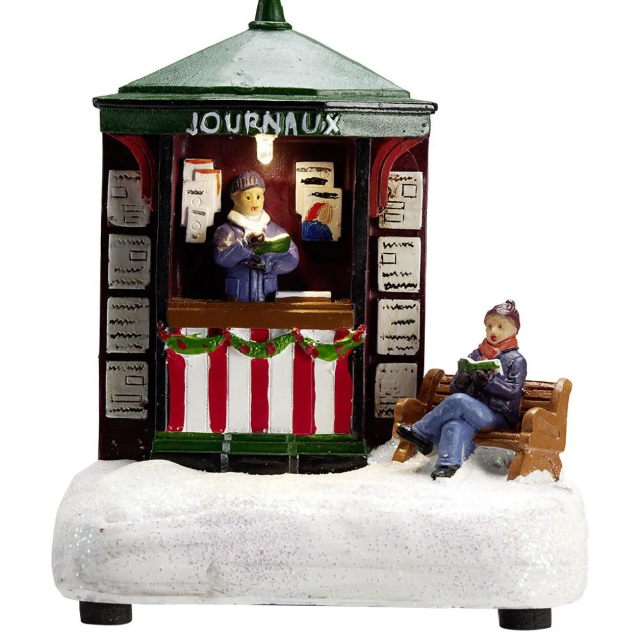 Village de Noël stand vente de journaux lumineux LED blanc chaud fixe